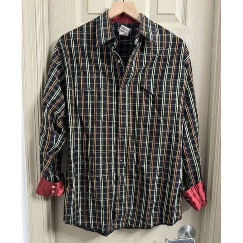 Wrangler Men's Large Western‎ Style Black Plaid Pearl Snap Satin Cuffs Button Up